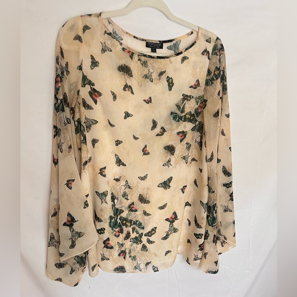 TOPSHOP Cream Butterfly Print Long-Sleeve Blouse